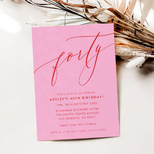 Invitación CALIGRAFÍA MINIMALISTA chic cumpleaños 40 rosa roj