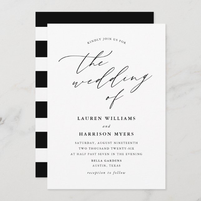 Invitación Caligrafía minimalista en blanco y negro | BODA (Anverso / Reverso)