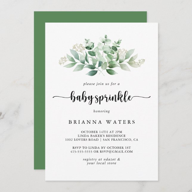 Invitación Caligrafía minimalista Eucalyptus Baby Sprinkle (Anverso / Reverso)