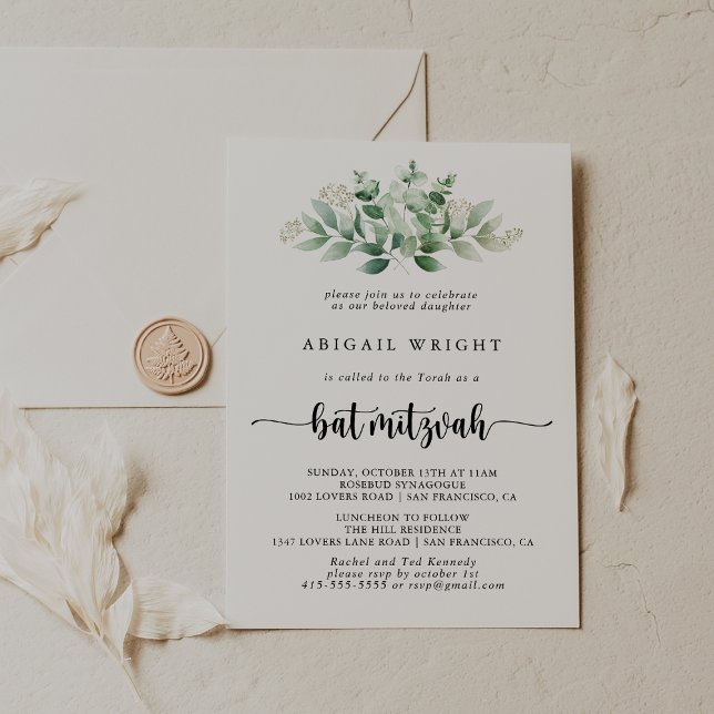 Invitación Caligrafía minimalista Eucalyptus Bat Mitzvah (Subido por el creador)