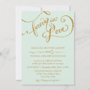 Invitación Caligrafía Mint Script Forever Love Gold Purpurina