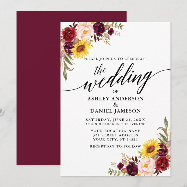 Invitación Caligrafía moderna acuarela Boda floral mixto (Anverso / Reverso)