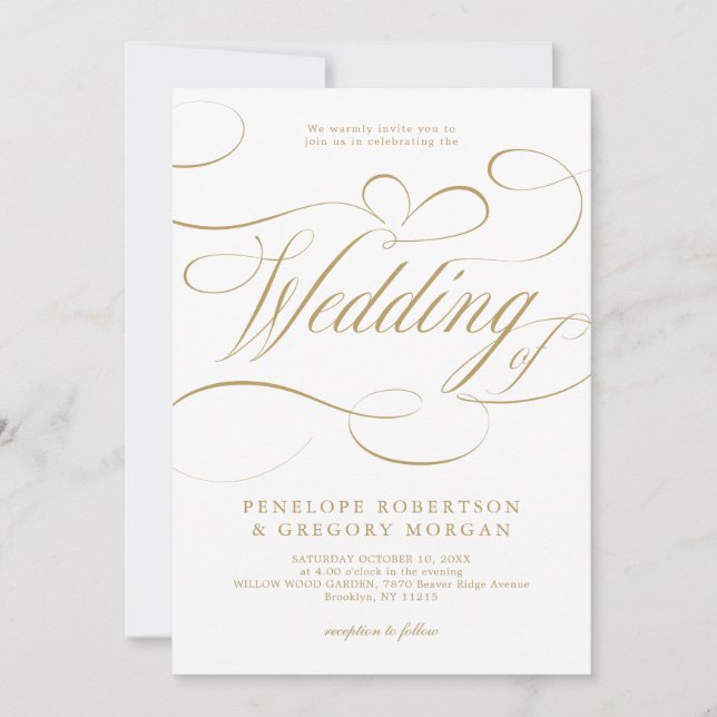 Invitación Caligrafía moderna boda de oro y blanco intemporal (Anverso)