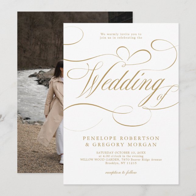 Invitación Caligrafía moderna boda de oro y blanco intemporal (Anverso / Reverso)
