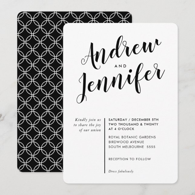 Invitación CALIGRAFÍA MODERNA boda simple blanco negro (Anverso / Reverso)