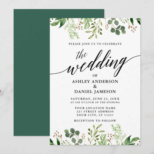 Invitación Caligrafía moderna Boda verde botánico (Anverso / Reverso)