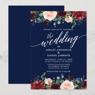 Invitación Caligrafía moderna Borgoña Boda floral azul