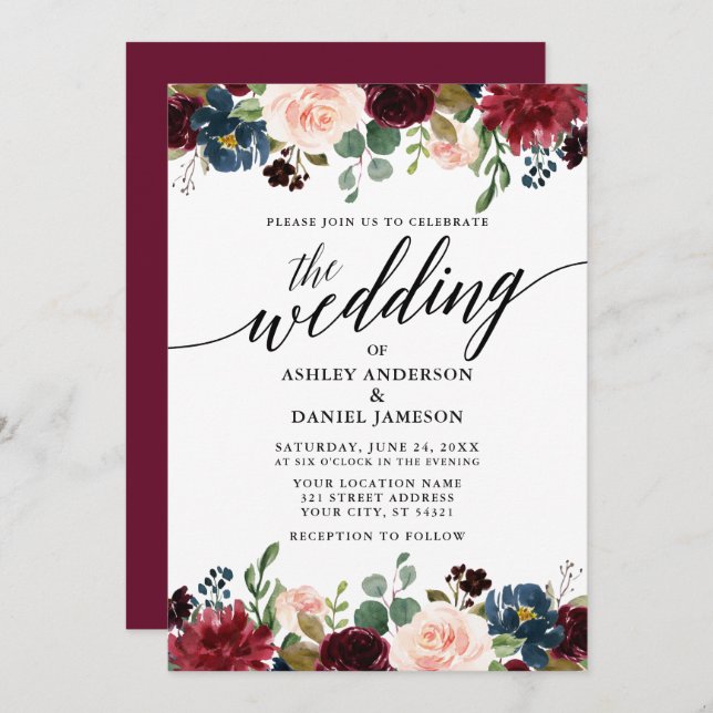 Invitación Caligrafía moderna Borgoña Boda floral azul (Anverso / Reverso)