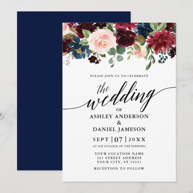Invitación Caligrafía moderna Borgoña Floral Azul Boda (Anverso / Reverso)