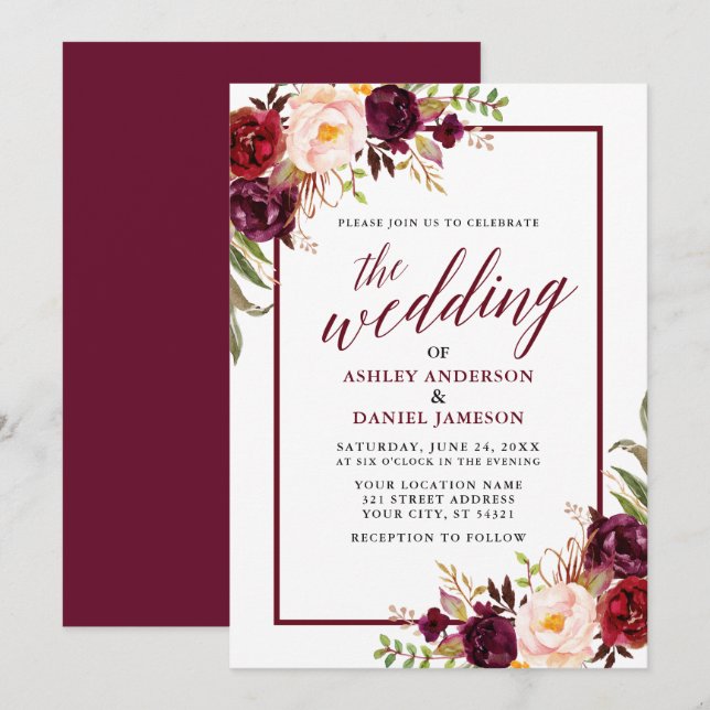 Invitación Caligrafía moderna Borgoña marco Boda floral (Anverso / Reverso)