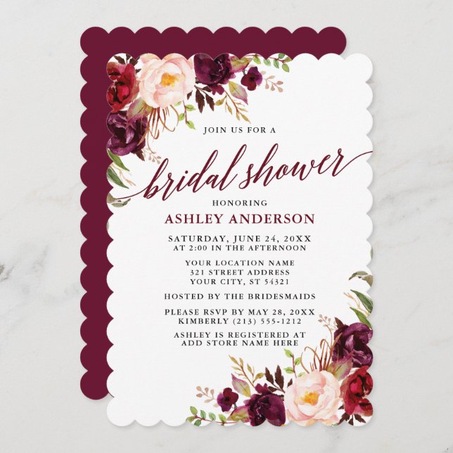 Invitación Caligrafía moderna Bridal Shower Burgundy Floral (Anverso / Reverso)