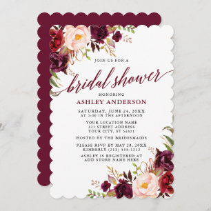 Invitación Caligrafía moderna Bridal Shower Burgundy Floral