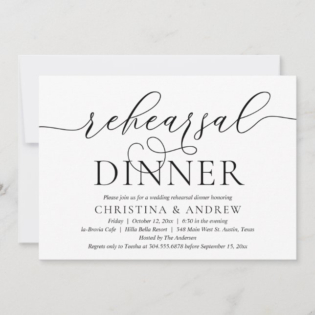 Invitación Caligrafía moderna, cena de ensayo de boda (Anverso)