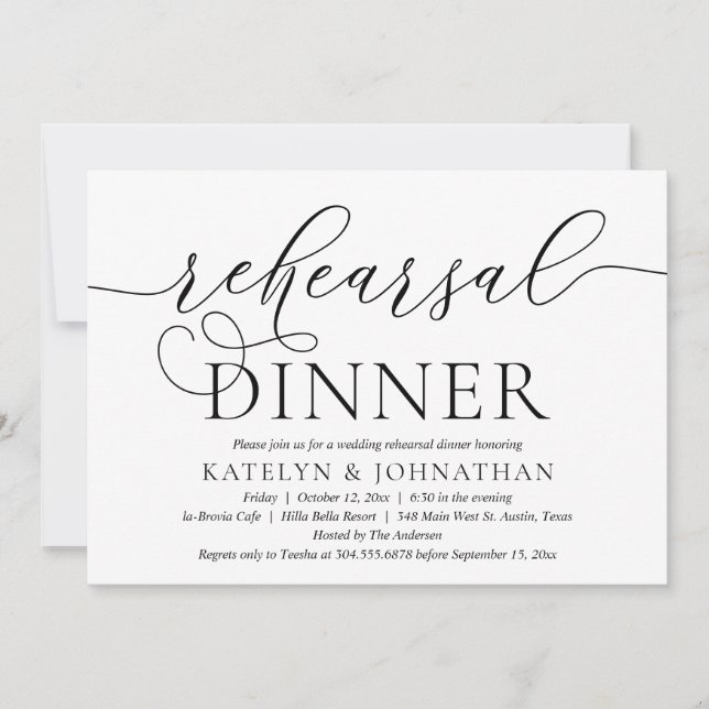 Invitación Caligrafía moderna, cena de ensayo de boda (Anverso)
