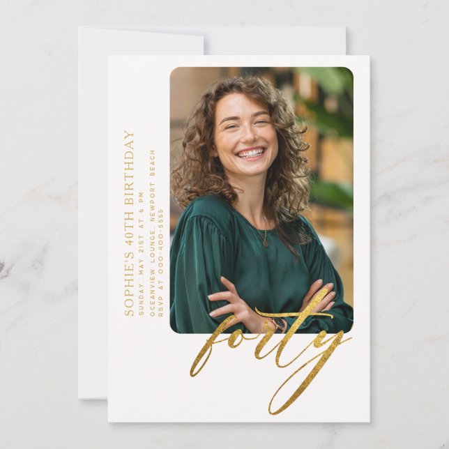 Invitación Caligrafía moderna de oro blanco foto de cumpleaño (Anverso)