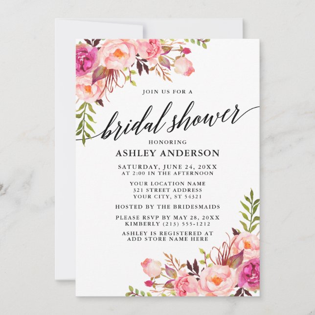 Invitación Caligrafía moderna ducha de novia floral rosa Rubo (Anverso)