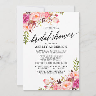 Invitación Caligrafía moderna ducha de novia floral rosa Rubo