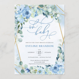 Invitación Caligrafía moderna Font Blue Floral Baby Shower