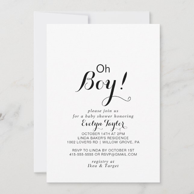 Invitación Caligrafía moderna Formal Oh Boy Baby Shower (Anverso)