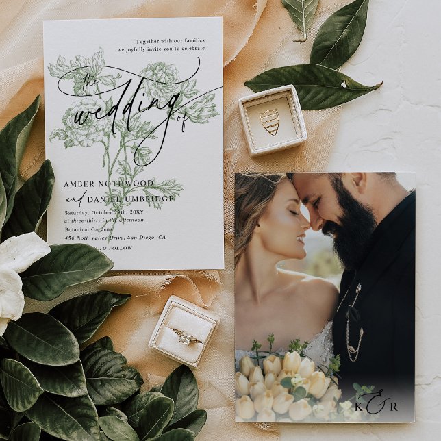 Invitación Caligrafía moderna Foto Sage Boda floral verde (Subido por el creador)