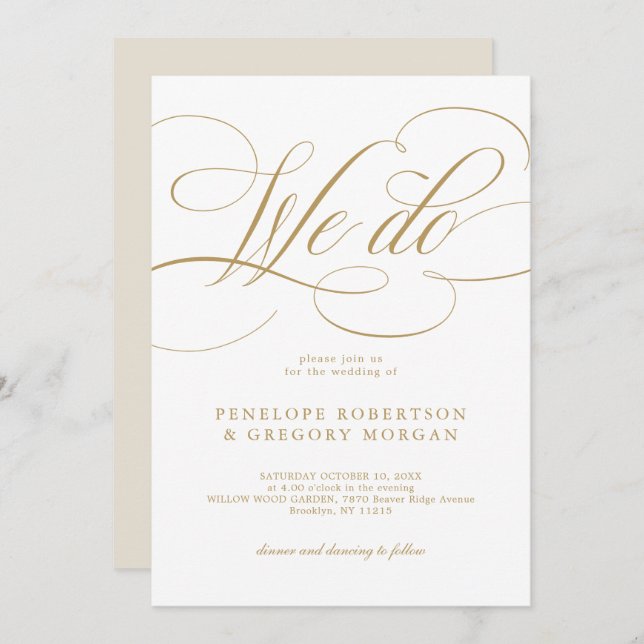Invitación Caligrafía moderna Hacemos boda de oro y blanco (Anverso / Reverso)