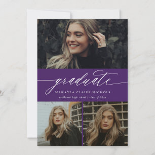 Invitación Caligrafía moderna Morado Tres Graduación Fotográf