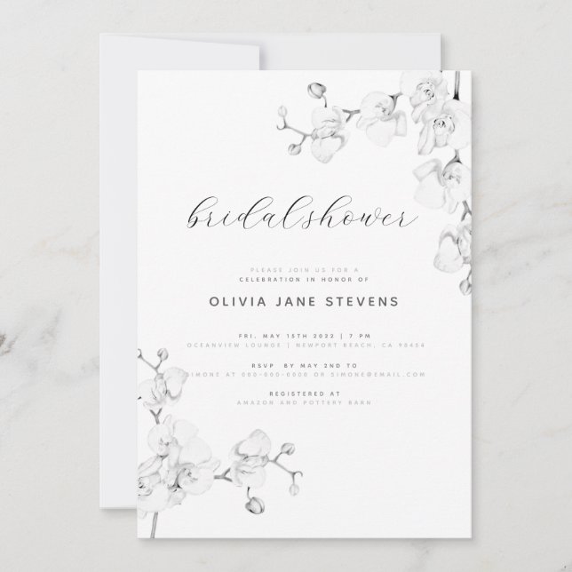 Invitación Caligrafía moderna Orquídeas Blancas Ducha Bridal (Anverso)