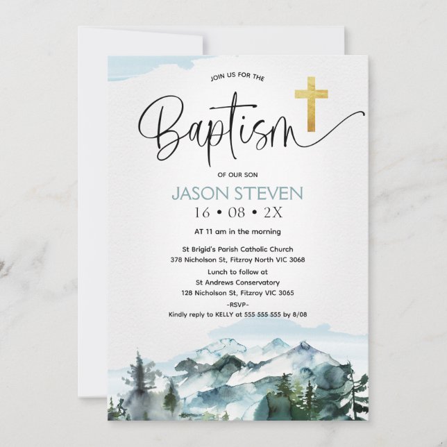 Invitación Caligrafía moderna Pinos de montaña Bautismo (Anverso)