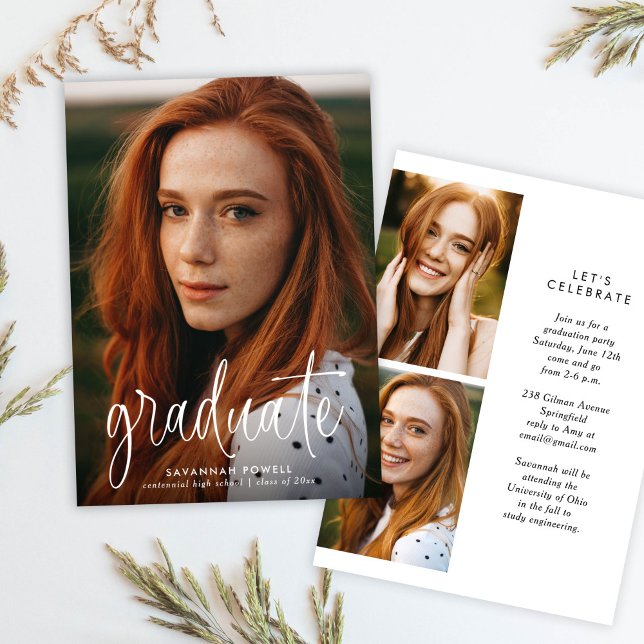 Invitación Caligrafía moderna Simple 3 Foto Graduada Party (Subido por el creador)