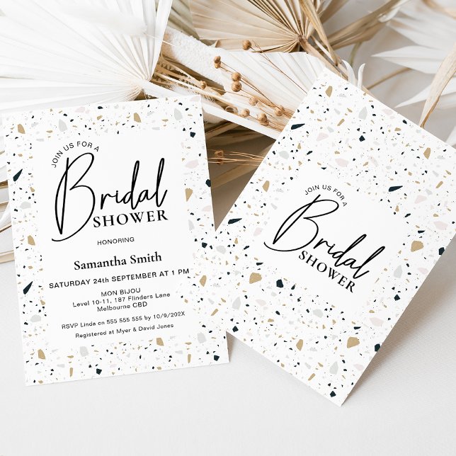 Invitación Caligrafía moderna Terrazzo Bridal Shower (Light colored terrazzo bridals shower invitation featuring a modern calligraphy heading. )