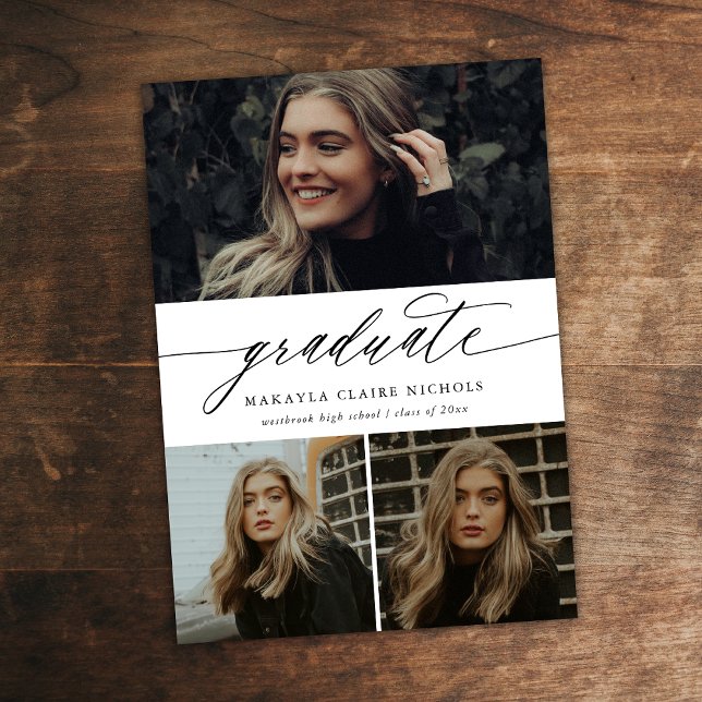 Invitación Caligrafía moderna Tres fotos de graduación blanca (Subido por el creador)