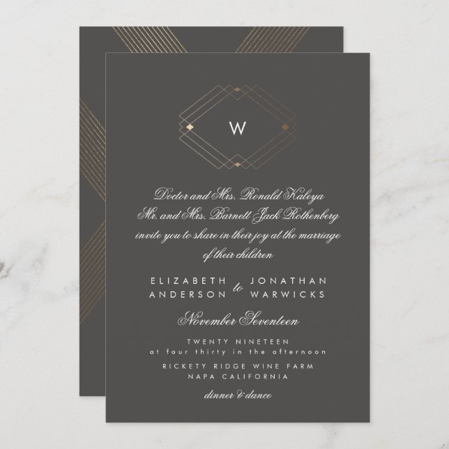 Invitación Caligrafía Monograma formal Relieve metalizado dor (Anverso / Reverso)