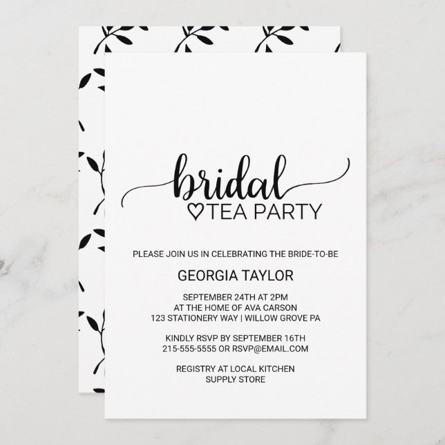 Invitación Caligrafía negra simple Fiesta de té de novia (Anverso / Reverso)