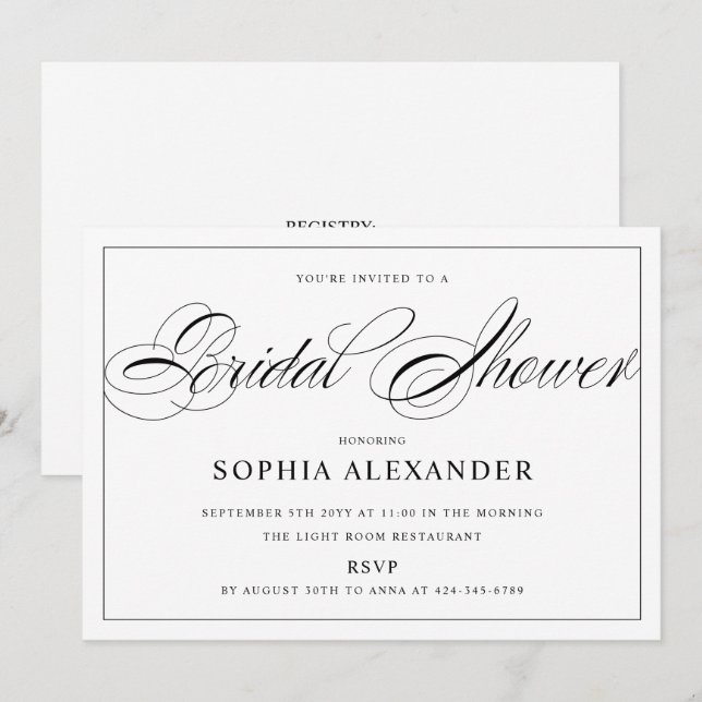 Invitación Caligrafía negra y blanca elegante ducha de novia (Anverso / Reverso)