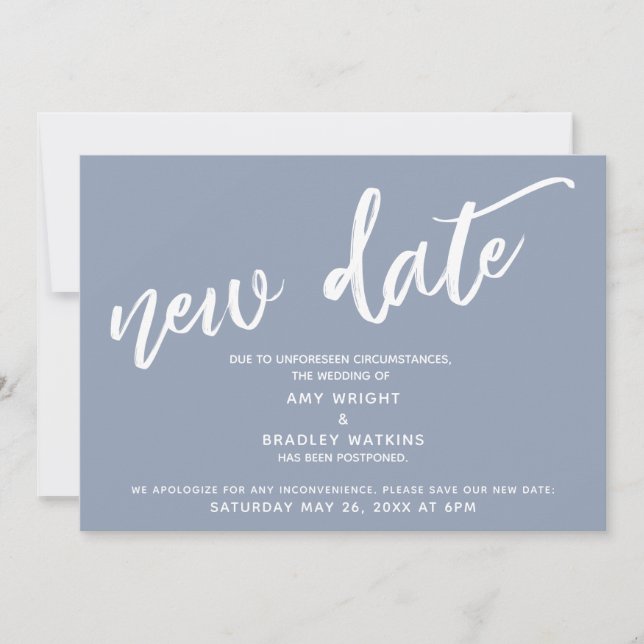 Invitación Caligrafía Nueva Fecha de Boda Aplazada Azul Polvo (Anverso)