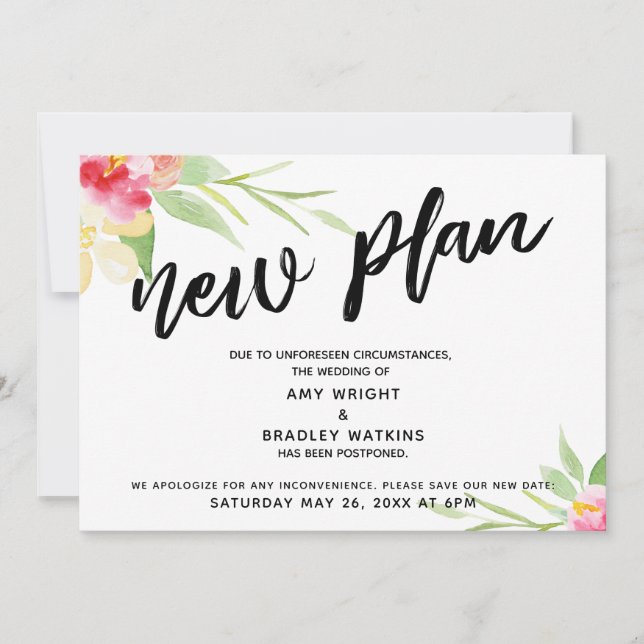Invitación Caligrafía "Nuevo Plan" Floral Boda Pospuesta (Anverso)