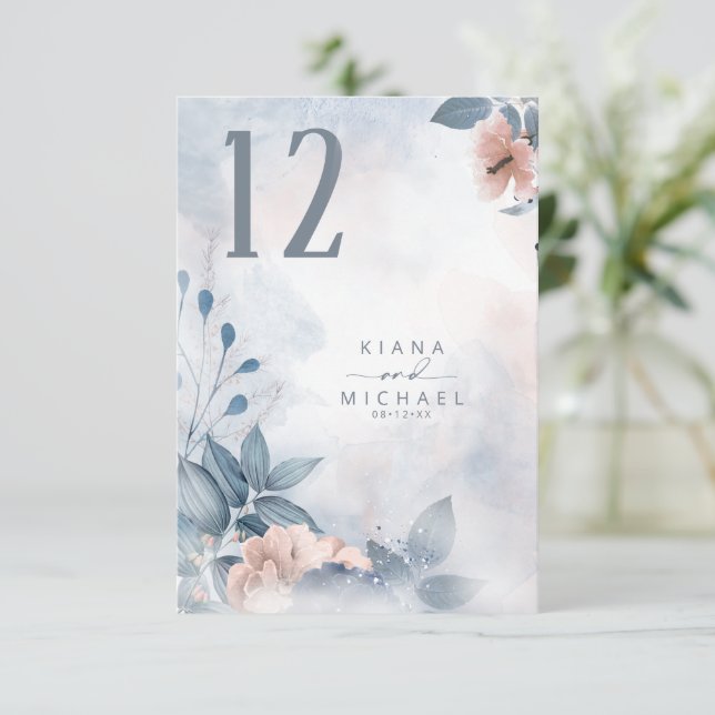 Invitación Caligrafía Número de tabla floral Azul ID771 (Anverso de pie)