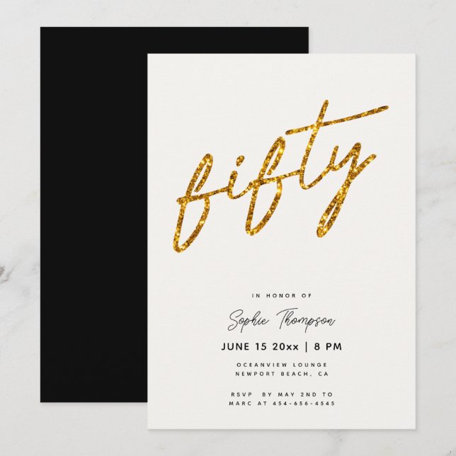 Invitación Caligrafía Purpurina de Oro Blanco Elegante 50 cum (Anverso / Reverso)