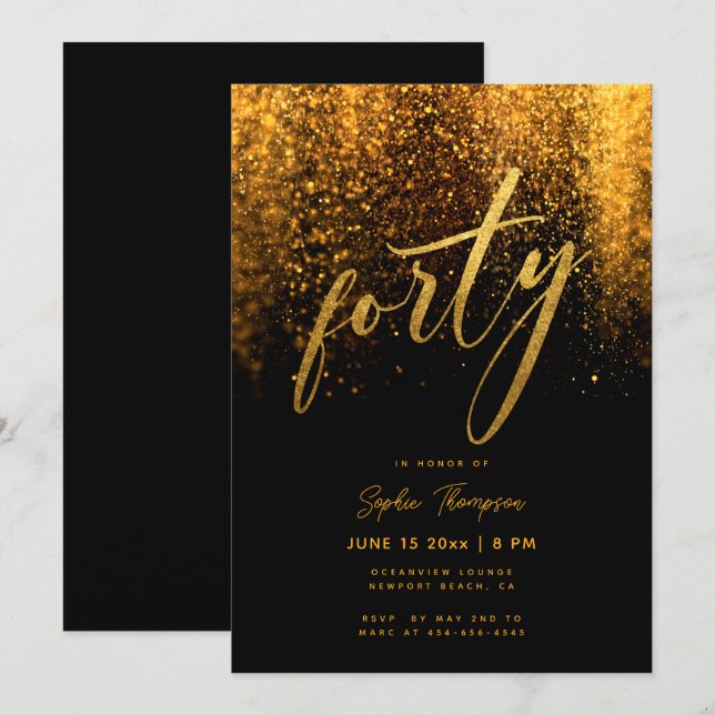 Invitación Caligrafía Purpurina de oro negro elegante 40 cump (Anverso / Reverso)