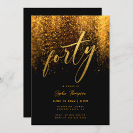 Invitación Caligrafía Purpurina de oro negro elegante 40 cump