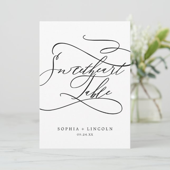 Invitación Caligrafía romántica 5 x 7" número de tabla prefer (Anverso de pie)