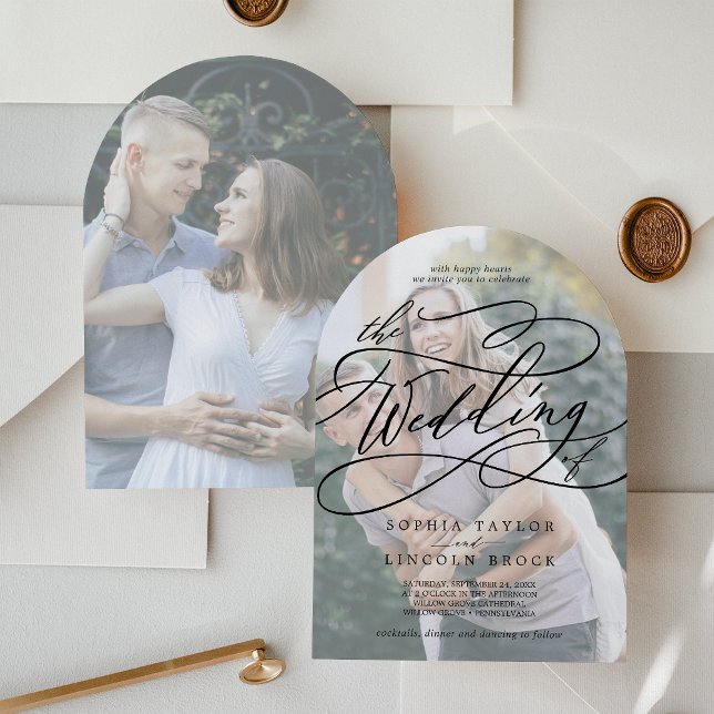 Invitación Caligrafía romántica Boda de arcos fotográficos al (Romantic Calligraphy Faded Photo Arch Wedding Invitation)