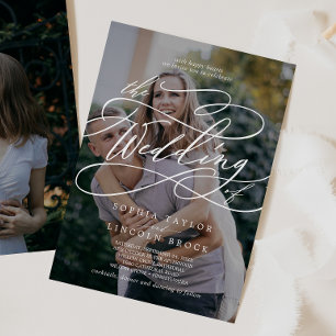 Invitación Caligrafía romántica Boda de foto oscura florecien