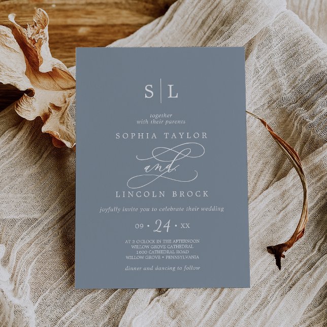 Invitación Caligrafía romántica Boda Monograma azul y blanco (Subido por el creador)
