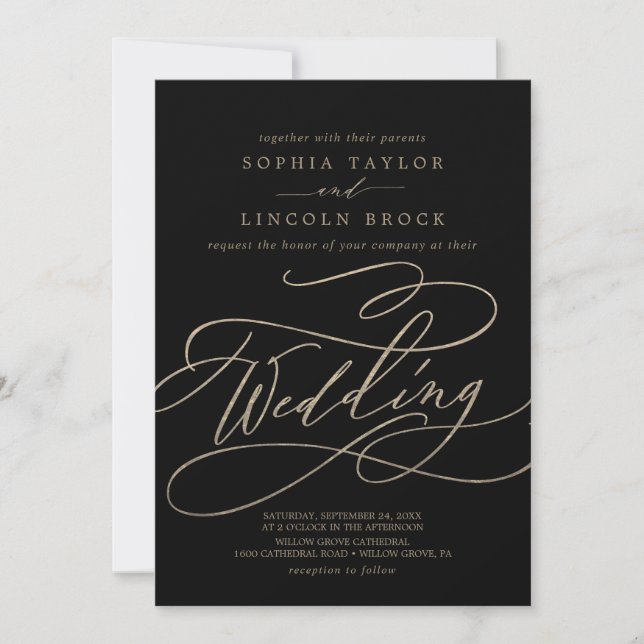 Invitación Caligrafía romántica de oro | Boda Black Flourish (Anverso)