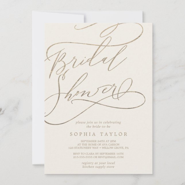 Invitación Caligrafía romántica de oro | Ducha marfileña (Anverso)