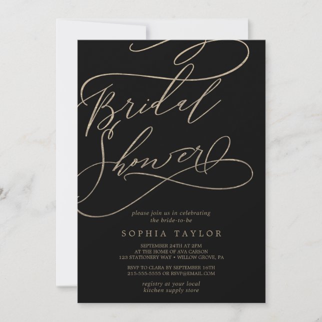 Invitación Caligrafía romántica de oro | Ducha negra de novia (Anverso)