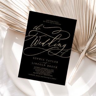 Invitación Caligrafía romántica de oro   Negro El Boda de