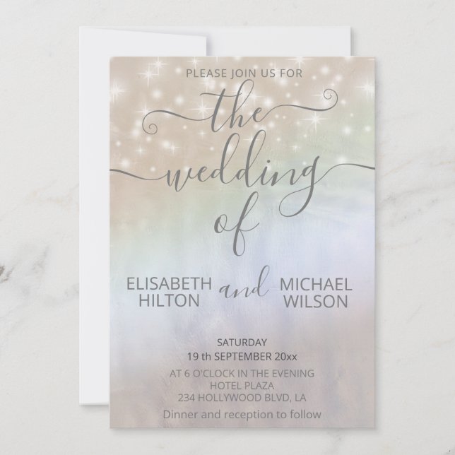 Invitación Caligrafía romántica de perlas holográficas (Anverso)