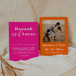 Invitación Caligrafía rosa caliente y Naranja Boda fotográfic